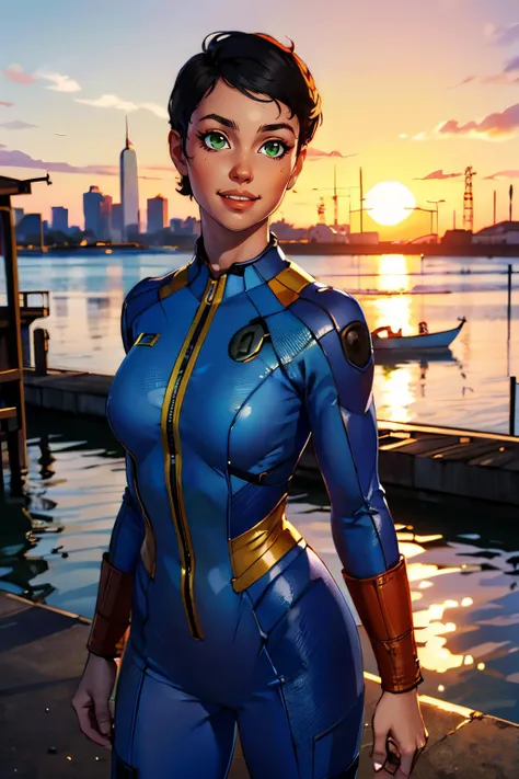 curie, short black hair, green eyes, blue jumpsuit, vault suit, 81, looking at viewer, smiling, happy, teeth, standing, medium shot, outside, docks, ocean, sunset, high quality, masterpiece, <lora:curie-10F4v8:.8>