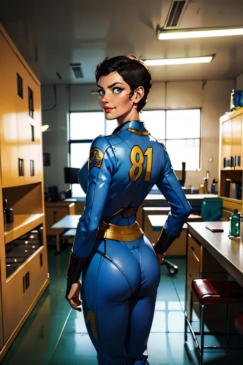 curie, short black hair, green eyes, blue jumpsuit, vault suit, 81, looking at viewer, serious, smirk, standing, inside laboratory, table, hand on hip, from_behind, high quality, masterpiece, <lora:curie-10F4v8:.8>