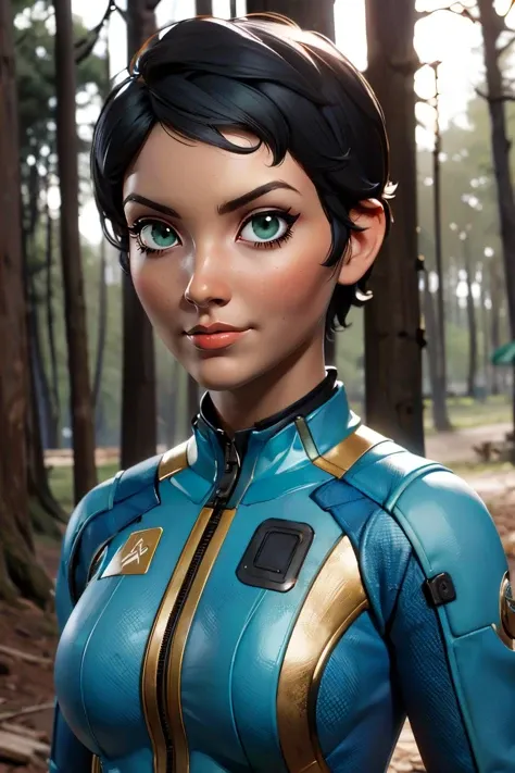 curie, short black hair, green eyes, blue bodysuit, vault suit, gold trim, looking at viewer,serious, medium shot, outside, forest, dirt, overcast, high quality, masterpiece, <lora:curie-10F4v8:.8>