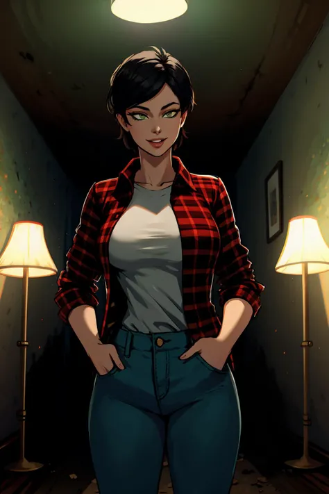 1girl,standing,curie,medium breasts,black hair, green eyes, short hair,red flannel shirt, buttoned up, jeans, grey undershirt,in abandoned basement,indoors,underground,happy, <lora:curie-10:0.7>, ((masterpiece), best quality, high quality, professional quality, highly detailed, highres, perfect lighting, natural lighting)