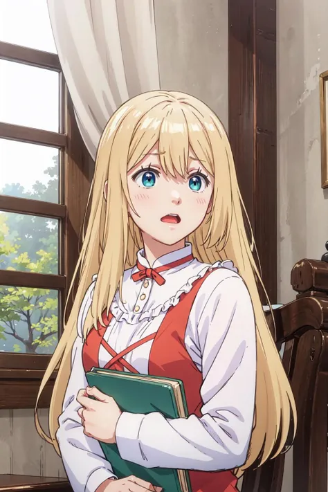 Anime girl with long blonde hair holding a book in her hand - SeaArt AI