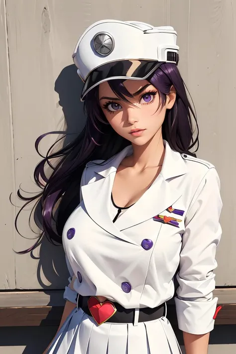 (masterpiece, best quality), 1girl,   <lora:LoRA_Bambietta:1> BambiettaDef, black hair, bangs, purple hair, purple eyes, hair between eyes, very long hair, brown eyes, long hair, breasts, large breasts, cleavage, collarbone, no bra, skirt, long sleeves, hat, jacket, heart, pleated skirt, belt, uniform, groin, military, military uniform, white headwear, white jacket, white skirt, peaked cap, military hat