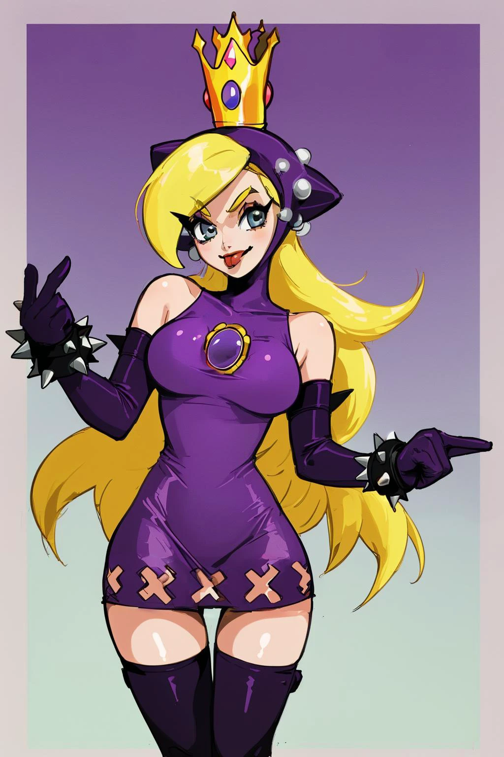 1girl, bracelet, breasts, crown, dress, blonde hair, elbow gloves, gloves, jewelry, knee boots, lipstick, mario, multicolored hair, purple dress, short dress, smile, solo, spikes, thigh gap, thighhighs, tongue, wapeach <lora:supermario_wapeach-10:1>
