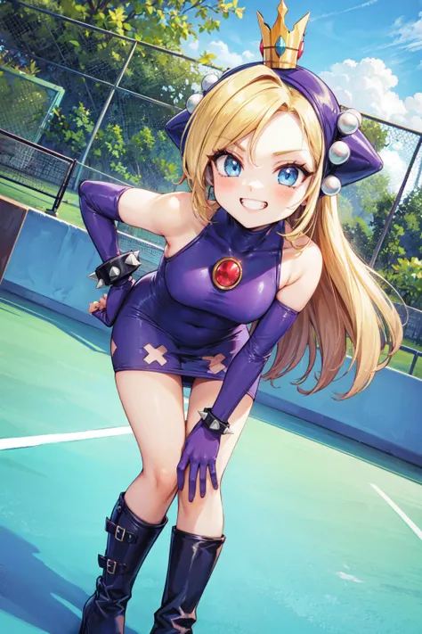 masterpiece,best quality,1girl,wapeach,blonde hair,blue eyes,crown,purple dress,elbow gloves,boots,bracelet,spikes,grin,confident,bent over,hand on hip,cowboy shot,dutch angle,tennis court,<lora:Concept-control tool-add_detail-CyberAIchemist:0.9>,<lora:supermario_wapeach:1>,
