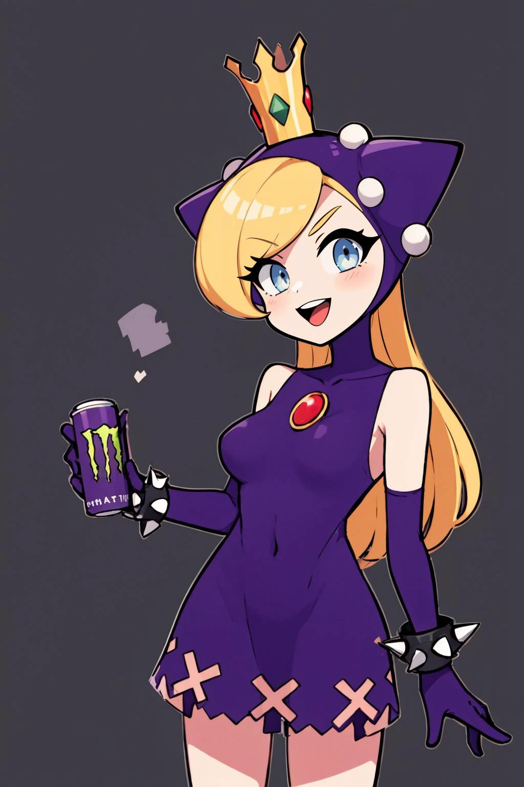 masterpiece, best quality, 1girl, wapeach, HoldingMonsterEnergy, :d, looking at viewer, crown, v-shaped eyebrows, short purple dress, elbow gloves, boots, bracelet, spikes, medium breasts, dark background, casual, relaxed<lora:supermario_wapeach-10:.9> <lora:HoldingMonsterEnergy:1>