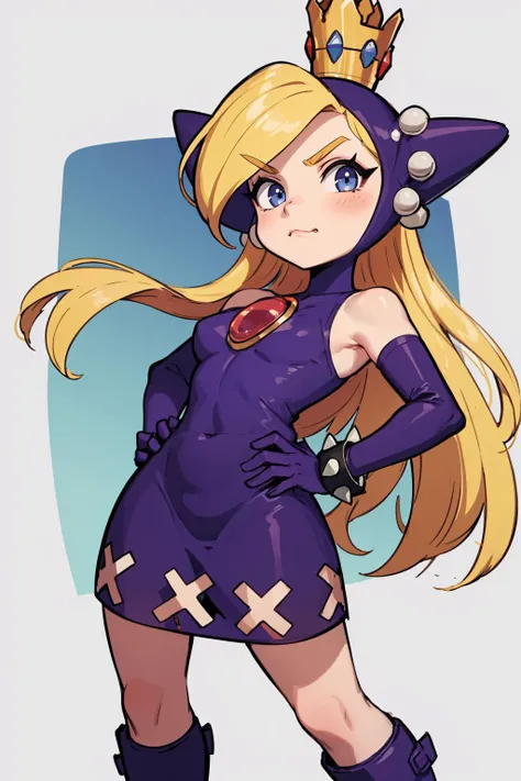 masterpiece, best quality, 1girl, wapeach, smug, closed mouth, looking at viewer, hands on hips, crown, v-shaped eyebrows, short purple dress, elbow gloves, boots, bracelet, spikes, medium breasts, mushroom kingdom, <lora:supermario_wapeach-10:1>