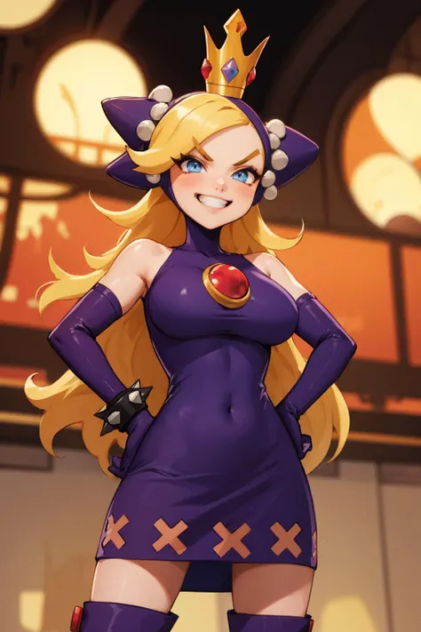((masterpiece,best quality,ultra-delicate,Perfect Face,16k,high resolution,very beautiful woman)),(blue skin:1.2,red sleeveless jacket), purple panties,bunny ears,large breasts,purple bowtie,gold long hair,smile,seductive pose,standing