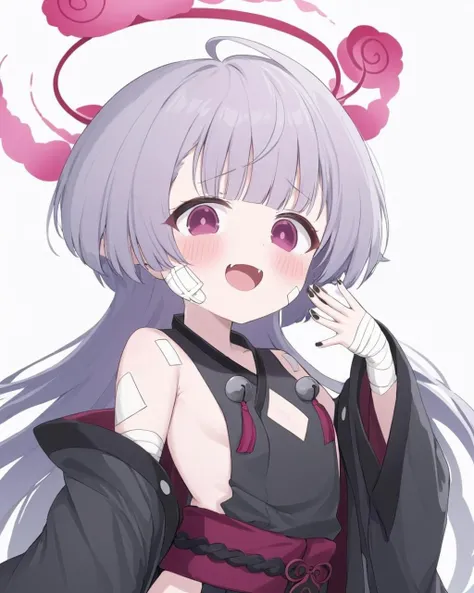 shuro \(blue archive\),1girl, halo, solo, simple_background, white_background, bandages, black_nails, looking_at_viewer, bandaid_on_cheek, open_mouth, blush, long_sleeves, wide_sleeves, fang, obi, clothing_cutout, ahoge, nail_polish, off_shoulder, black_kimono, :d
<lora:shuro_(blue_archive)_image571_2023-12-03:1>halo. gorgeous,key visual, vibrant, studio anime,award-winning, professional, highly detailed,high budget, cinemascope