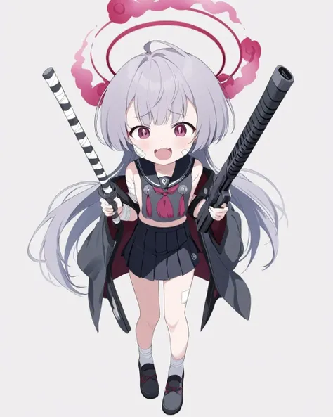 shuro \(blue archive\),bandaid_on_face, halo, ahoge, open_mouth, white_background, serafuku, sailor_collar, bandages, looking_at_viewer, fangs, gun, blue_neckerchief, holding_weapon, simple_background, socks, v-shaped_eyebrows, bell, 1girl, haori, 2girls, kimono, angry, pleated_skirt
<lora:shuro_(blue_archive)_image571_2023-12-03:1>halo. gorgeous,key visual, vibrant, studio anime,award-winning, professional, highly detailed,high budget, cinemascope