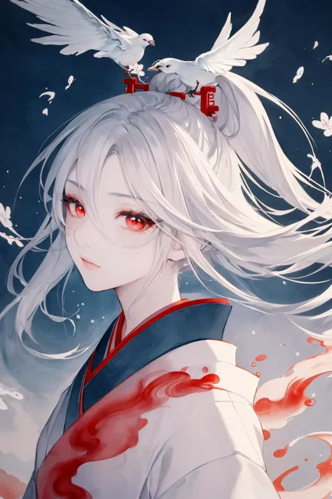 (masterpiece), (best quality),(illustration), looking at viewer,colorful,from side,((chinese colorful ink)),flat color,(phoenix:1.5,bird:1.3),sunset, standing on a building,
(1girl:1.2),detailed long white hair + red eyes,detailed face,full body, (white hair:1.4), (mole under eye:0.7), squinting,eyeshadow, hair ornament, small breasts,((kimono)), cold face,long floating hair,,hair over one eye\\,
(portrait),((ink splashing)),((chinese colorful ink)), ((Chinese color ink painting style))
upper body,(white hair +red eyes),(cute face:0.75),(detailed beautiful face:0.75),colorful painting,
(Floating),(Amazing),(Absurd),((sharp focus)), ((extremely detailed)), ((high saturation)),((surrounded by color ink splashes)),((extremely detailed body)),((colorful)) <lora:SilvermoonMix09:1>