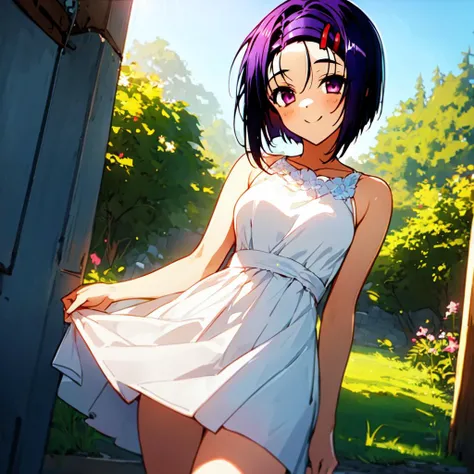 masterpiece, 1girl, solo, sairenji_haruna, happy, outdoors, white dress, cowboy shot <lora:sairenjiharuna_v1:0.6>