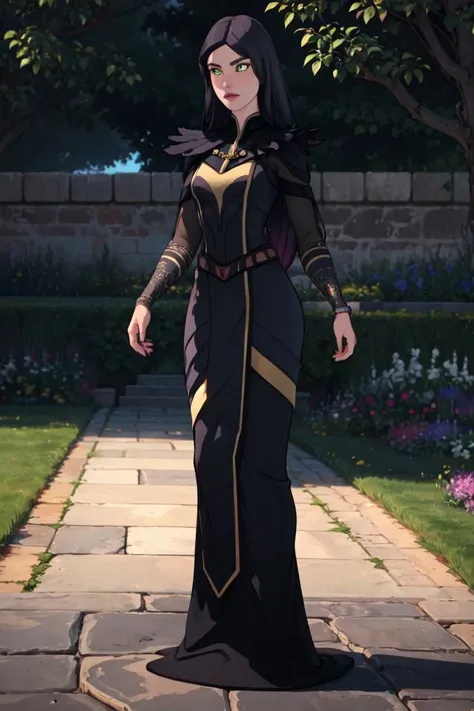 (Claudia), black dress, long hair, green eyes, purple magic, casting a spell, (garden, brick path, trees), (realistic:1.2), (masterpiece:1.2), (full-body-shot:1),(Cowboy-shot:1.2), dark romantic lighting, (highly detailed:1.2), (detailed face:1.2), (gradients), colorful, detailed eyes, (natural lighting:1.2), solo, <lora:add_detail:0.3> <lora:DragonPrinceClaudia-10:0.8> <lora:BeautifulEyes:0.3>