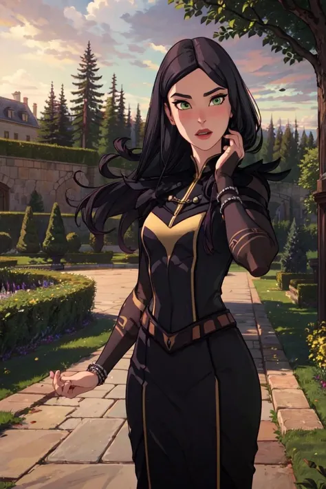 (Claudia), black dress, long hair, green eyes, purple magic, casting a spell, (garden, brick path, trees), (realistic:1.2), (masterpiece:1.2), (full-body-shot:1),(Cowboy-shot:1.2), dark romantic lighting, (highly detailed:1.2), (detailed face:1.2), (gradients), colorful, detailed eyes, (natural lighting:1.2), solo, <lora:add_detail:0.3> <lora:DragonPrinceClaudia-10:0.8> <lora:BeautifulEyes:0.3>