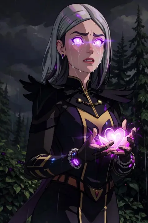 Claudia, green eyes, long hair, forest, night time, dark, lightning, raining, (white hair strip, glowing tears:1.5), (purple magic, magic coming from hands, glowing purple eyes:1.5), (realistic:1.2), (masterpiece:1.2), (full-body-shot:1.2),(Cowboy-shot:1.2), dark romantic lighting, (highly detailed:1.2), (detailed face:1.2), (gradients), colorful, detailed eyes, (natural lighting:1.2), solo, <lora:add_detail:0.3> <lora:DragonPrince_Claudia-10:0.9> <lora:BeautifulEyes:0.3>