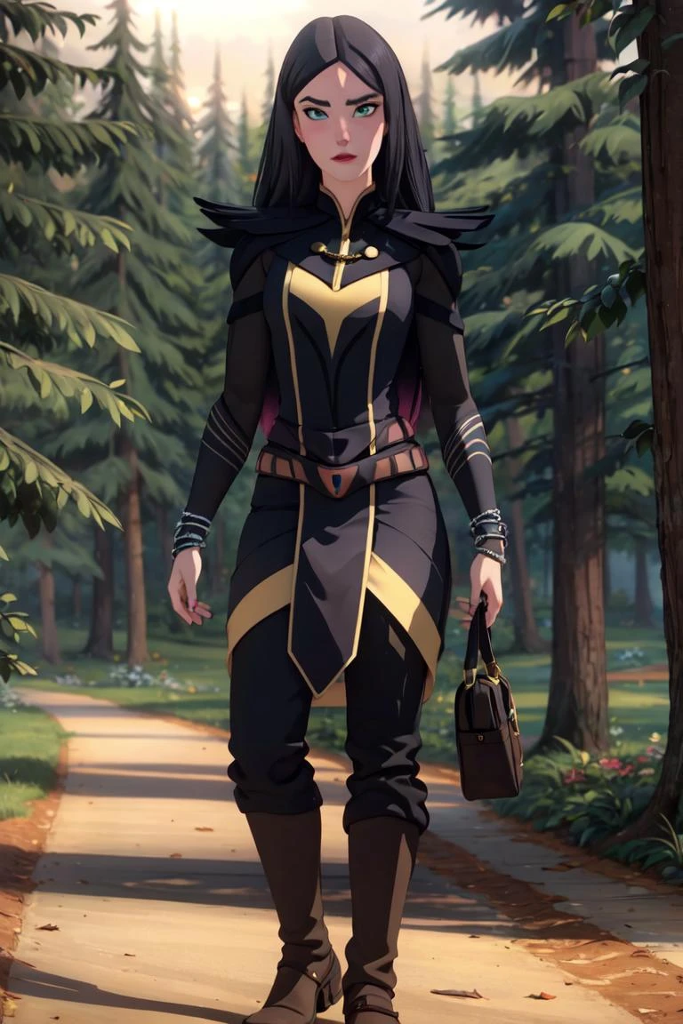 Claudia, green eyes, long hair, forest, evening, (realistic:1.2), (masterpiece:1.2), (full-body-shot:1.2),(Cowboy-shot:1.2), dark romantic lighting, (highly detailed:1.2), (detailed face:1.2), (gradients), colorful, detailed eyes, (natural lighting:1.2), solo, <lora:add_detail:0.3> <lora:DragonPrince_Claudia-10:0.9> <lora:BeautifulEyes:0.3>