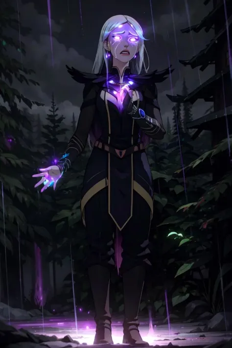 Claudia, green eyes, long hair, forest, night time, dark, lightning, raining, (white hair strip, glowing tears:1.5), (purple magic, magic coming from hands, glowing purple eyes:1.5), (realistic:1.2), (masterpiece:1.2), (full-body-shot:1.2),(Cowboy-shot:1.2), dark romantic lighting, (highly detailed:1.2), (detailed face:1.2), (gradients), colorful, detailed eyes, (natural lighting:1.2), solo, <lora:add_detail:0.3> <lora:DragonPrince_Claudia-10:0.9> <lora:BeautifulEyes:0.3>