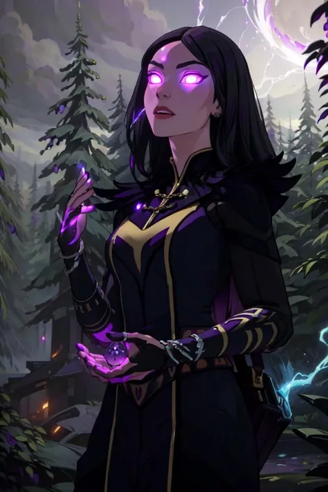 Claudia, green eyes, long hair, forest, night time, dark, (purple magic, magic coming from hands, glowing purple eyes:1.5), (realistic:1.2), (masterpiece:1.2), (full-body-shot:1.2),(Cowboy-shot:1.2), dark romantic lighting, (highly detailed:1.2), (detailed face:1.2), (gradients), colorful, detailed eyes, (natural lighting:1.2), solo, <lora:add_detail:0.3> <lora:DragonPrince_Claudia-10:0.9> <lora:BeautifulEyes:0.3>