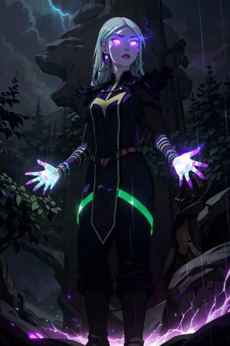 Claudia, green eyes, long hair, forest, night time, dark, lightning, raining, (white hair strip:1.5), (purple magic, magic coming from hands, glowing purple eyes:1.5), (realistic:1.2), (masterpiece:1.2), (full-body-shot:1.2),(Cowboy-shot:1.2), dark romantic lighting, (highly detailed:1.2), (detailed face:1.2), (gradients), colorful, detailed eyes, (natural lighting:1.2), solo, <lora:add_detail:0.3> <lora:DragonPrince_Claudia-10:0.9> <lora:BeautifulEyes:0.3>