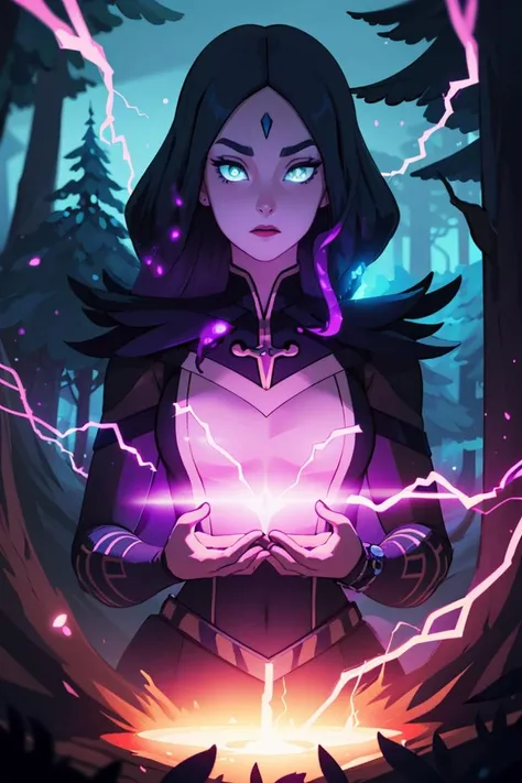centered, award winning photo, (looking at viewer:1.2),
| Claudia, green eyes, long black hair, purple magic, swirling magic,
| glowing purple lightning, forest,
| dynamic pose, cowboy shot, from the side, depth of field, cinematic composition,
| <lora:DragonPrince_Claudia-10:0.7>
<lora:Vivid_Setting:0.5>, Vivid_Setting