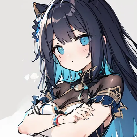 masterpiece, best quality, <lora:cuty v2:0.9>,sketch, eyes visible through hair, arms_crossed,cute,