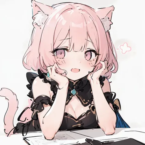 masterpiece, best quality, <lora:cuty v2:0.8>,sketch, eyes visible through hair,cute, light blush, cute face, laughing, pink hair, cat ears, arm_support,