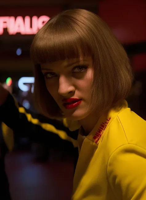 Epic portrait photo, kill bill by quentin tarantino, A beautiful girl miawls M14W4114CE <lora:M14W4114CE:0.7>, furyous, wearing yellow sport outfit, fighting with fists, bobcut, (blood sprays:1.2), (fury:1.2), (detailed face:1.2), photorealistic, (epic:1.2), 8k uhd, dslr, soft lighting, high quality, film grain, Fujifilm XT3