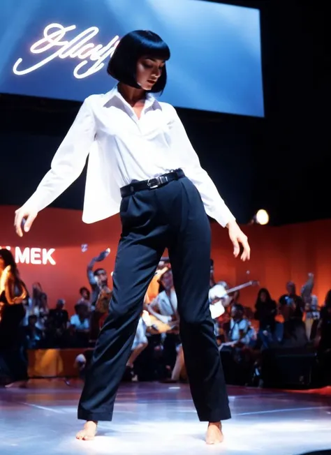 epic photo of sexy young woman M14W4114CE <lora:M14W4114CE:0.7> dancing alone on the stage, bobcut, wearing white shirt and black pants, (barefoot:1.2), 8k uhd, dslr, soft lighting, high quality, film grain, Fujifilm XT3