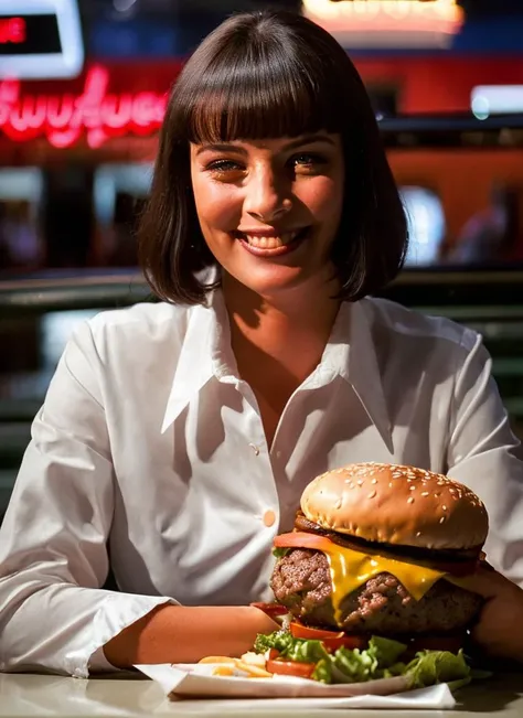 Epic intricate portrait of dreamlike young woman M14W4114CE <lora:M14W4114CE:0.7> eating a (huge burger:1.3) at restaraunt, blue eyes, smile, short hair, wearing white shirt, sharp focus, dark background, professional lighting, subsurface scattering, f2, 35mm, film grain