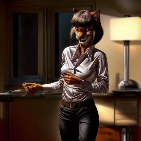 <lora:add_detail:1> add_detail, masterpiece, best quality, detailed, soft dim lighting,
anthro, feline,
<lora:M14W4114CE, beautiful young woman, short hair, bobcut, wearing white shirt, wearing black pants:1.0> M14W4114CE, beautiful young woman, short hair/bobcut, wearing white shirt, wearing black pants, open eyes,