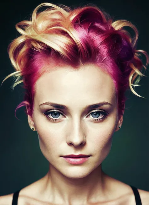 portrait of sks woman by Flora Borsi, style by Flora Borsi, bold, bright colours, rainbow Mohawk haircut, ((Flora Borsi)), <lora:lora_diane_v1_from_v1_160:1>