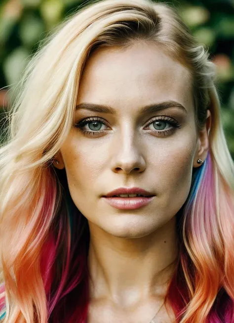 portrait of sks woman by Flora Borsi, style by Flora Borsi, bold, bright colours, rainbow Mohawk haircut, ((Flora Borsi)), <lora:lora_diane_v1_from_v1_160:1>