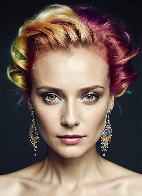 portrait of sks woman by Flora Borsi, style by Flora Borsi, bold, bright colours, rainbow Mohawk haircut, ((Flora Borsi)), <lora:lora_diane_v1_from_v1_160:1>