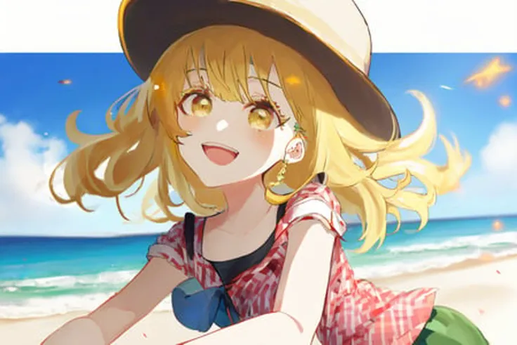 (masterpiece,newest,exceptional:1.2),A cheerful girl with blonde hair and a hat playing on a beach