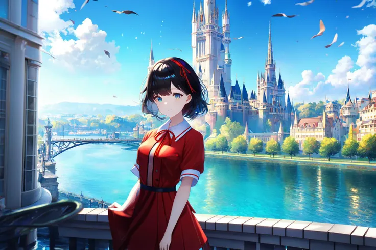 (masterpiece,newest,exceptional:1.2),1girl,bangs,black_hair,blue_sky,bridge,building,castle,city,cityscape,cloud,day,dress,looking_at_viewer,outdoors,red_neckwear,red_ribbon,ribbon,river,short_hair,short_sleeves,sky,skyscraper,solo,standing,town,water