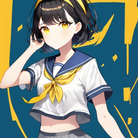 (masterpiece,newest,exceptional:1.2),1girl, black hair, blue sailor collar, grey skirt, hairband, midriff, navel, neckerchief, sailor collar, school uniform, serafuku, shirt, short hair, short sleeves, skirt, solo, upper body, white hairband, white shirt, yellow eyes, yellow neckerchief,