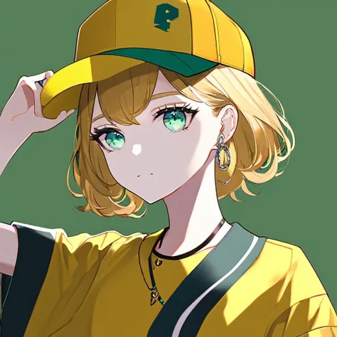 (masterpiece,newest,exceptional:1.2),1girl, aqua eyes, baseball cap, blonde hair, closed mouth, earrings, green background, hat, hoop earrings, jewelry, looking at viewer, shirt, short hair, simple background, solo, upper body, yellow shirt,