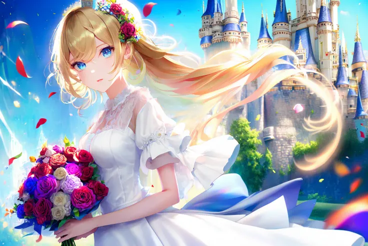 (masterpiece,newest,exceptional:1.2),A girl with long blonde hair and blue eyes wearing a white dress and holding a bouquet of roses in front of a castle,