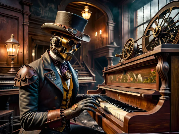 steampunk image of a broken cowboy automaton in an abandoned saloon next to a player piano <lora:add-detail-xl:3> extreme detail, high quality,vivd colors, dramatic shading, (volumetric fog:1.6)