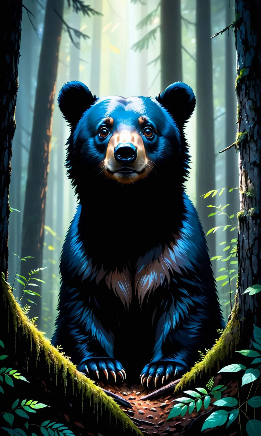 Photo of a beautiful black bear cub, its eyes gazing into an abyss deep within the forest. The image evokes timeless beauty and is enhanced by light effects for maximum impact in shallow depthâ