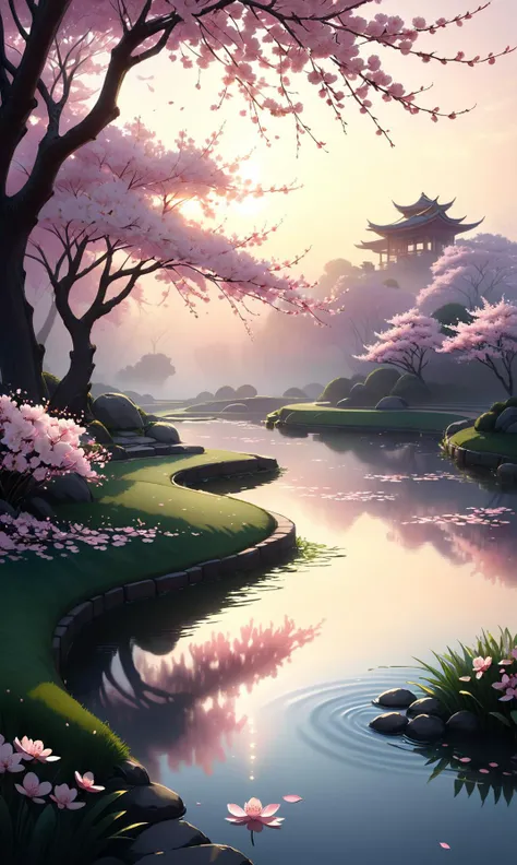A beautiful cherry blossom, petals gently drifting down in the soft pink mist, placed atop an ultra high-definition concept art landscape. The background is a serene garden filled with pink hues and gentle curves as the sun sets, casting long, elegant shadows on the ground below. A tranquil pond reflects the beauty of the scene, its surface rippling softly with