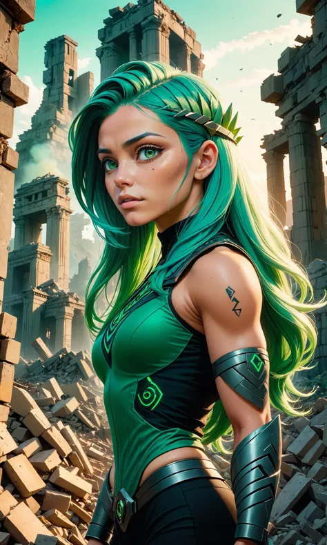 A photo of a muscular young woman with glowing green hair, her gaze ablaze as she surveys the ruins at sunrise. Behind them stands towering piles and rubble-strewn temples adorned in intricate runes that hint towards future exploration on prehistoric Earthsides.. <lora:Details:0.85>, 2000s vintage RAW photo, photorealistic, film grain, candid camera, color graded cinematic, eye catchlights, atmospheric lighting, imperfections, natural, shallow dof, High level of detail to create a photographic-like image, focusing on lighting, realistic textures, hyperdetailed.