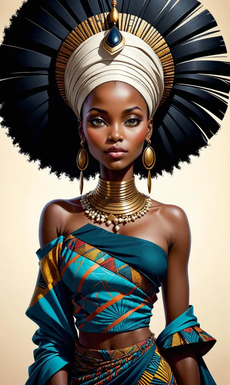 An overwhelmingly beautiful and majectic portrait of an African woman, elegantly dressed in a contemporary fashion ensemble. Her timeless beauty is accentuated by the rich textures detailed within her attire - intricate patterns and intricate designs reminiscent painting techniques. The image comes alive with dynamic energy as she stands against a light background, creating intriguing contrasts between the darkness and her radiant features.
