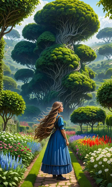 A photo of a contemplative gardener standing amidst the garden fields, her long hair cascading over trees with intensity. The scene is dramatic and vibrant as she draws inspiration from classical composition like 'Neuropeptides', where detailed depth works to create an intricate landscape at