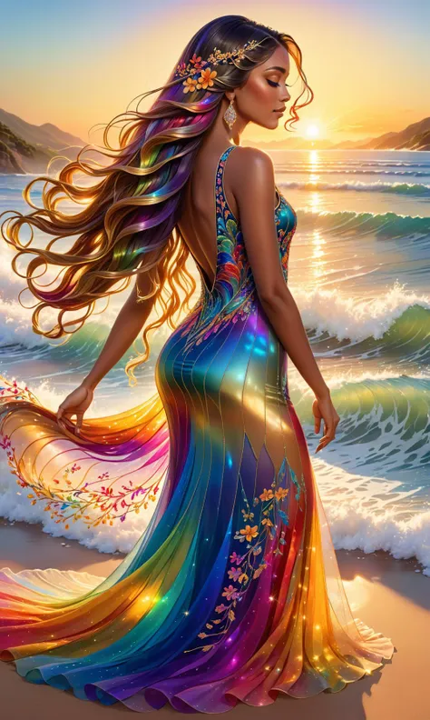 Photo of a beautiful woman in an embroidered sheer dress that sparkles with every color of the rainbow, long flowing hair cascading down her back like liquid waves. The setting sun casts a warm glow on her face and bathes the scene in a golden light. Detailed elements include vibrant flowers, shimmering fabric textures, and intricate patterns inspired by nature.