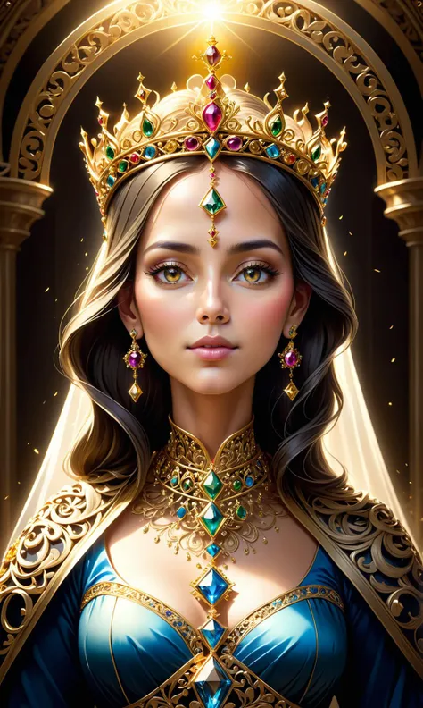 An overwhelmingly beautiful and majectic portrait of a mother figure, dressed in an ornate golden crown adorned with precious gems. Her solemnity is accentuated by the soft glow emanating from within her, as sunlight filters through intricate gold filigree decorations surrounding her, illuminating every detail in exquisite fashion. A senseleshed out smoke rises gently from the center of one chest, while