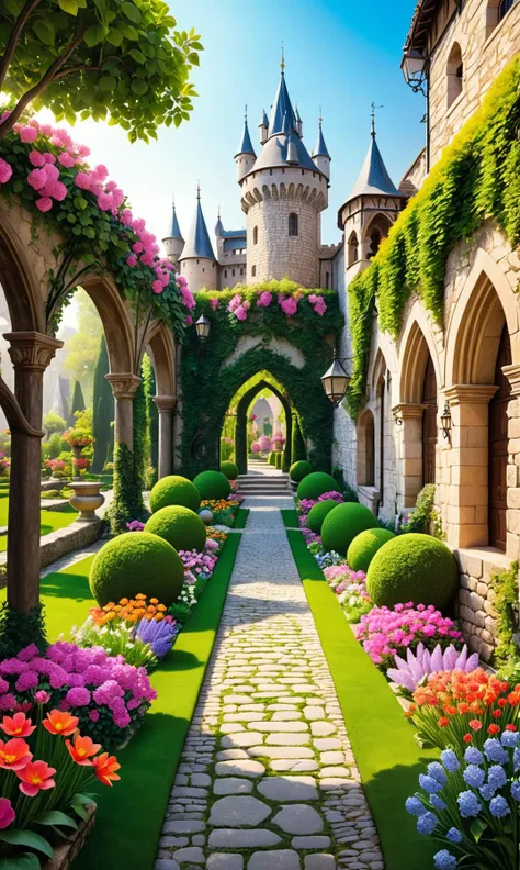 A beautiful medieval garden teeming with colorful blossoms and flowers, its winding cobblestone streets lined by ornate bocce lines. Capturing the peaceful elegance of old castle architecture in a style that celebrates grandeur's natural historyistry through photography like no other on Earth is inspired every step below within this serene realm- from botanical gardens to mystical alphab
