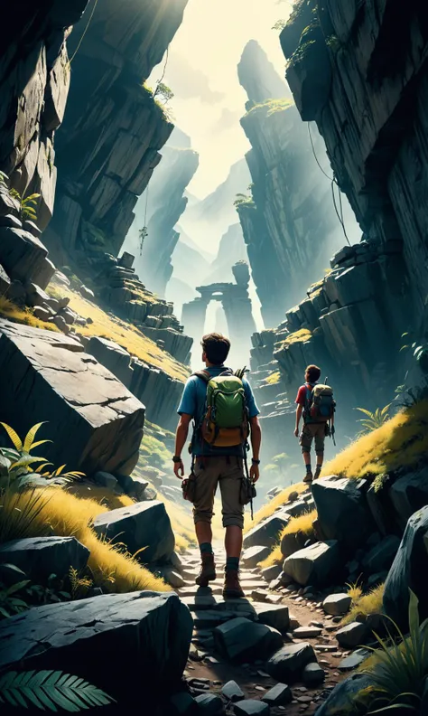 A new generation of explorers seeking the secrets within a vast, uncharted wilderness. As they embark upon an epic journey through hidden reaches and ancient ruins like fallen mountains with determination to find their next destination alive against challenges that defy common sense at all levels- adventurous adventurers navigating unknown lands <lora:Details:0.85>, 2000s vintage RAW photo, photorealistic, film grain, candid camera, color graded cinematic, eye catchlights, atmospheric lighting, imperfections, natural, shallow dof, High level of detail to create a photographic-like image, focusing on lighting, realistic textures, hyperdetailed.