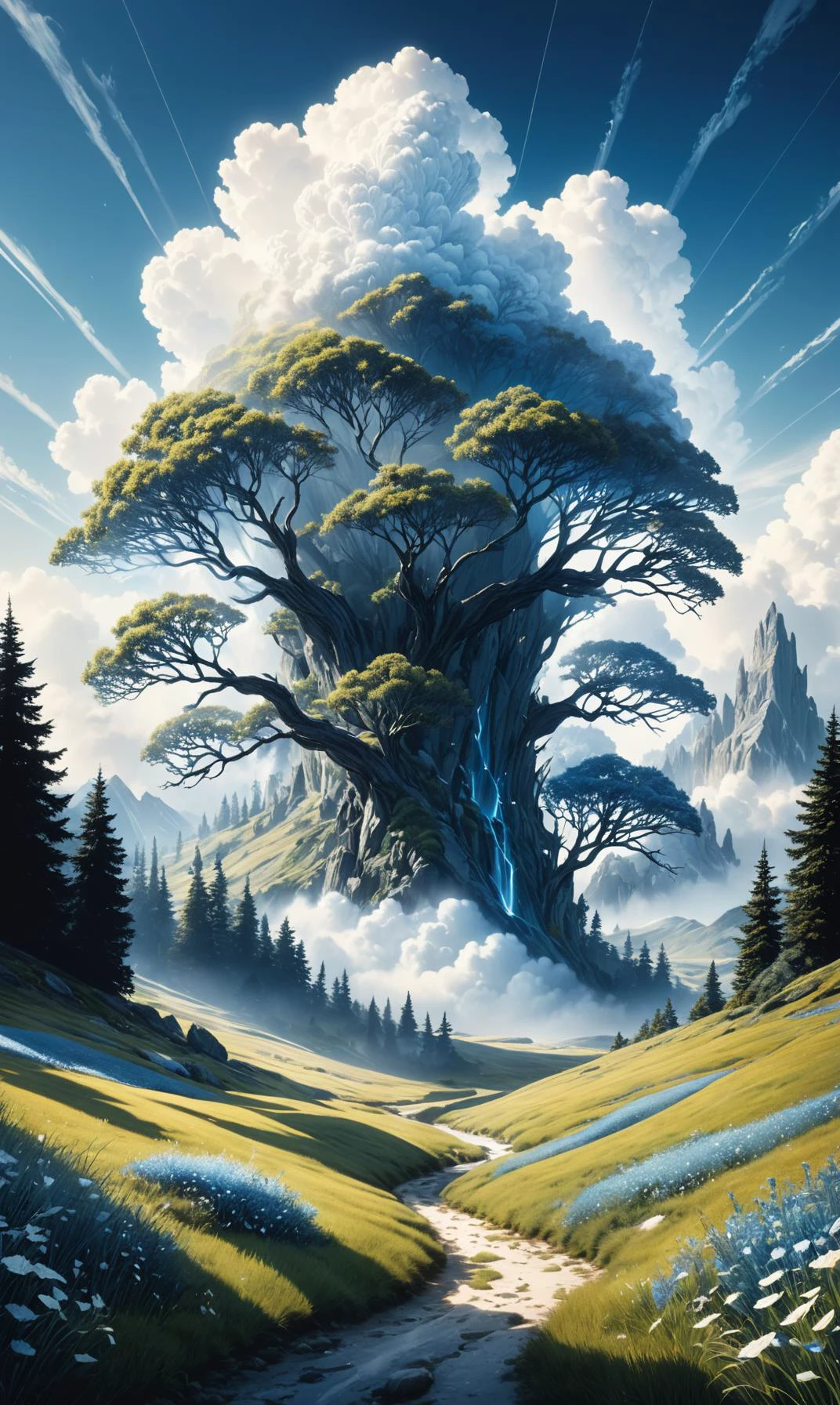 Award winning photography of an overwhelmingly beautiful magical landscape with white, grey, and shire-blue hues. The scene is filled with intricate details, evoking a sense of wonder and tranquility. White wisps of cloud scatter across the sky, their edges delic <lora:Details:0.85>, 2000s vintage RAW photo, photorealistic, film grain, candid camera, color graded cinematic, eye catchlights, atmospheric lighting, imperfections, natural, shallow dof, High level of detail to create a photographic-like image, focusing on lighting, realistic textures, hyperdetailed.