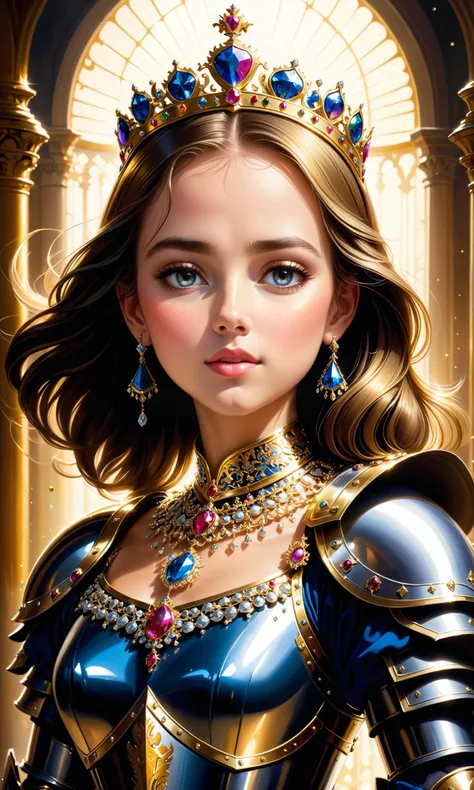 A masterpiece painting of a beautiful princess clad in royal armor with gold and jewels, her face illuminated by soft rays from the shining gems surrounding them. compiler samuel larkin <lora:Details:0.85>