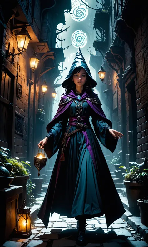 A photo of a young sorceress navigating the shadowy alleys in her magical attire, casting spells that manipulate light and shade beneath arcane symbols. The magics convey knowledge beyond comprehension as she navigates dungeons shrouded by dark secrets within shadows to survive amidst an ever-expanding worldscape full OF horrors.'s cinematic lighting is rendered with exquisite attention focus on atmospheric compositions depicting eldritch <lora:Details:0.85>, 2000s vintage RAW photo, photorealistic, film grain, candid camera, color graded cinematic, eye catchlights, atmospheric lighting, imperfections, natural, shallow dof, High level of detail to create a photographic-like image, focusing on lighting, realistic textures, hyperdetailed.